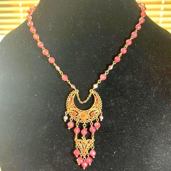 Jewelry - Half Moon and Pink Bead Accent Gold toned Necklace